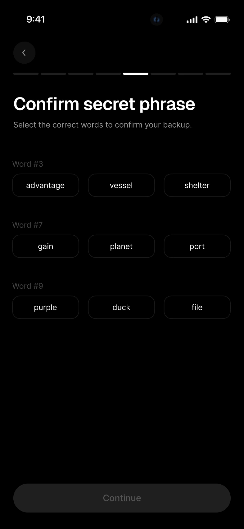 Confirm secret phrase